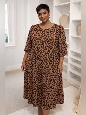 Ava & Viv Brown Leopard Print Tiered Dress 1X